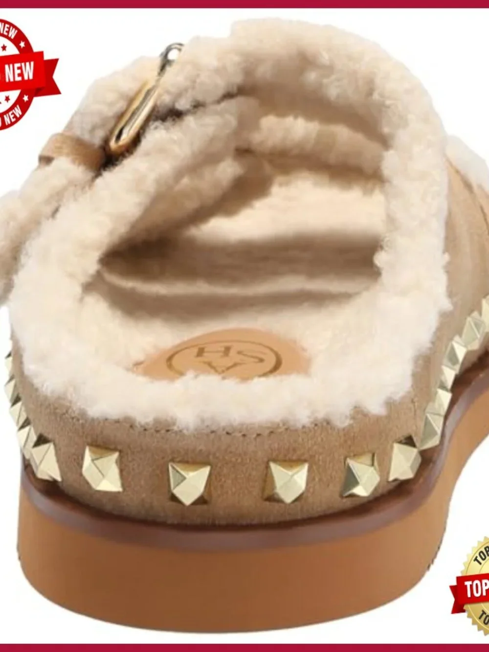 Suede Slide Sandals with Faux Fur Lining, Double Buckle, Studded Trim, Flat